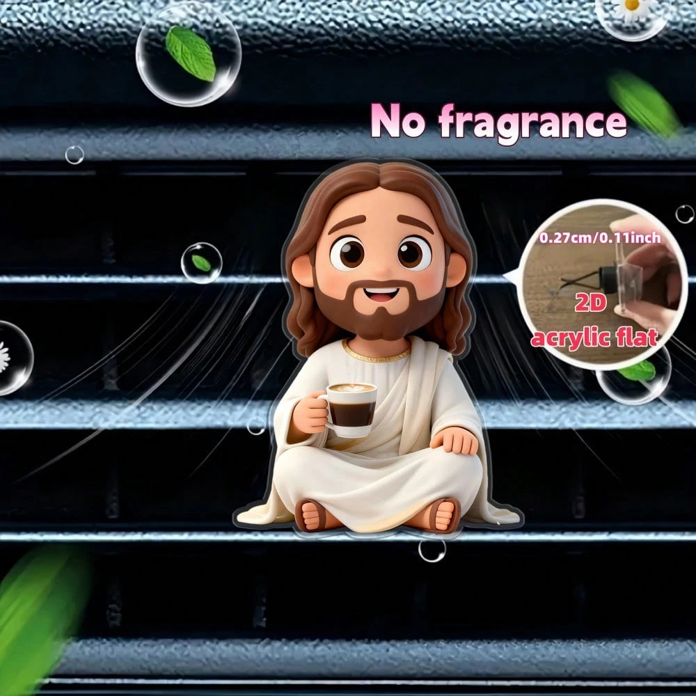 1pc 2D Flat Cartoon Jesus Drinking Coffee Car Air Vent Clip, Fragrance-Free Acrylic Resin Car Interior Decoration, Reusable Fragrance-Free Sponge Pad, DIY Customizable Scented Car Air Vent Accessory