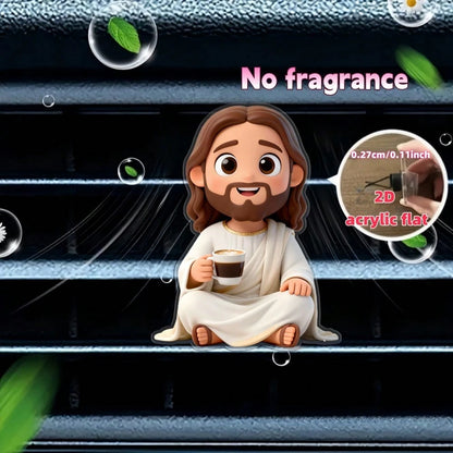 1pc 2D Flat Cartoon Jesus Drinking Coffee Car Air Vent Clip, Fragrance-Free Acrylic Resin Car Interior Decoration, Reusable Fragrance-Free Sponge Pad, DIY Customizable Scented Car Air Vent Accessory