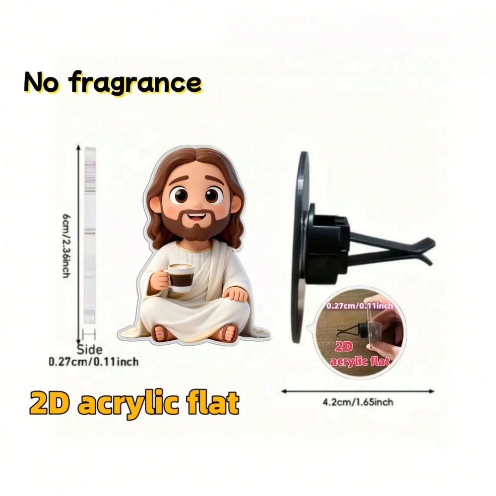 1pc 2D Flat Cartoon Jesus Drinking Coffee Car Air Vent Clip, Fragrance-Free Acrylic Resin Car Interior Decoration, Reusable Fragrance-Free Sponge Pad, DIY Customizable Scented Car Air Vent Accessory