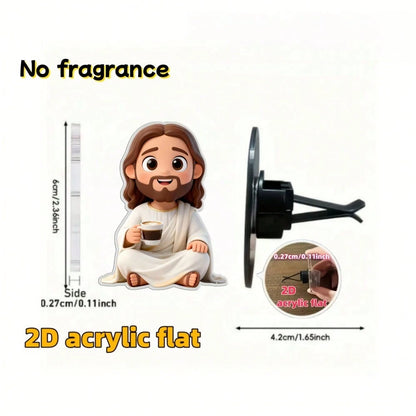 1pc 2D Flat Cartoon Jesus Drinking Coffee Car Air Vent Clip, Fragrance-Free Acrylic Resin Car Interior Decoration, Reusable Fragrance-Free Sponge Pad, DIY Customizable Scented Car Air Vent Accessory