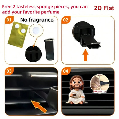 1pc 2D Flat Cartoon Jesus Drinking Coffee Car Air Vent Clip, Fragrance-Free Acrylic Resin Car Interior Decoration, Reusable Fragrance-Free Sponge Pad, DIY Customizable Scented Car Air Vent Accessory
