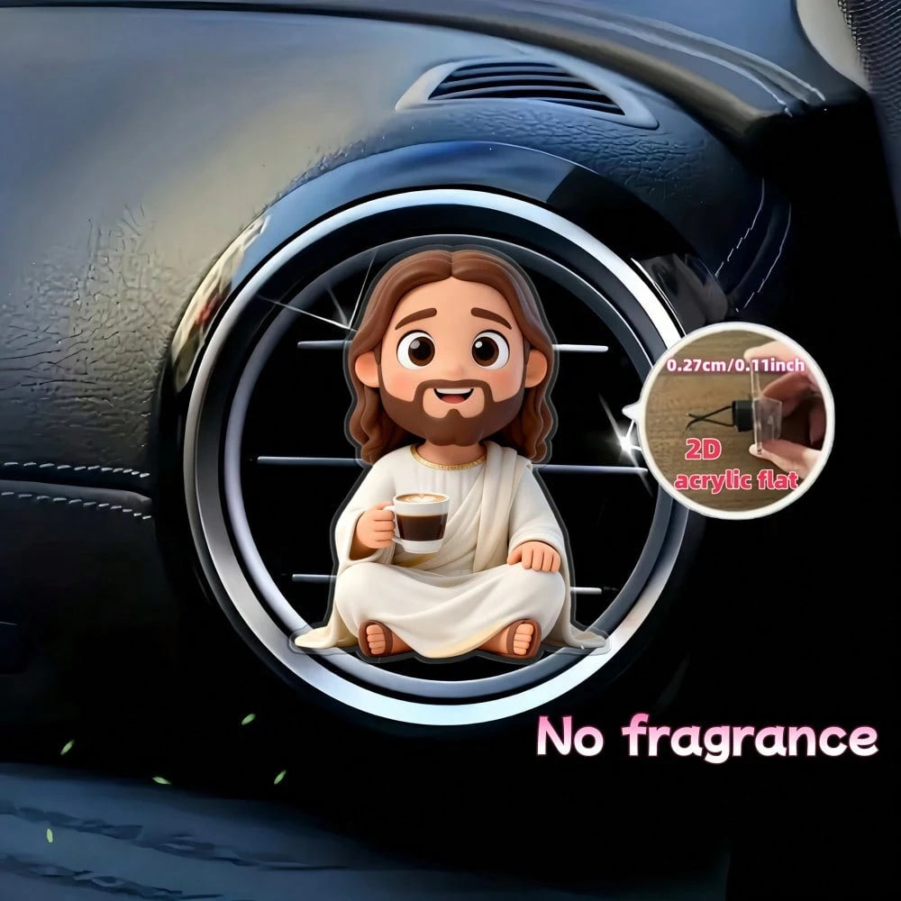 1pc 2D Flat Cartoon Jesus Drinking Coffee Car Air Vent Clip, Fragrance-Free Acrylic Resin Car Interior Decoration, Reusable Fragrance-Free Sponge Pad, DIY Customizable Scented Car Air Vent Accessory