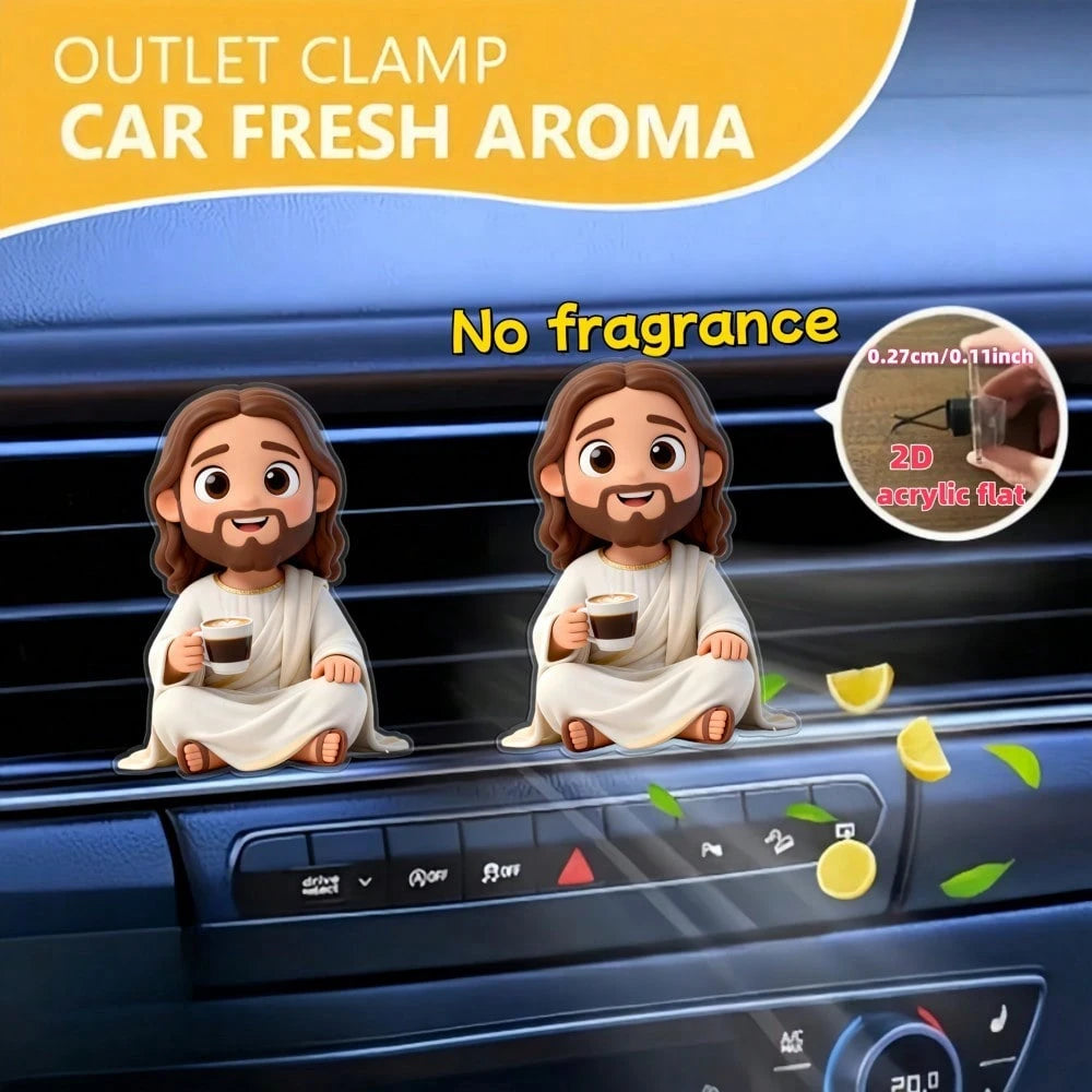 1pc 2D Flat Cartoon Jesus Drinking Coffee Car Air Vent Clip, Fragrance-Free Acrylic Resin Car Interior Decoration, Reusable Fragrance-Free Sponge Pad, DIY Customizable Scented Car Air Vent Accessory