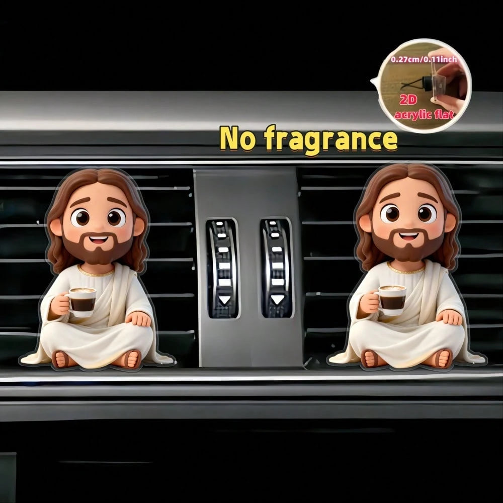 1pc 2D Flat Cartoon Jesus Drinking Coffee Car Air Vent Clip, Fragrance-Free Acrylic Resin Car Interior Decoration, Reusable Fragrance-Free Sponge Pad, DIY Customizable Scented Car Air Vent Accessory