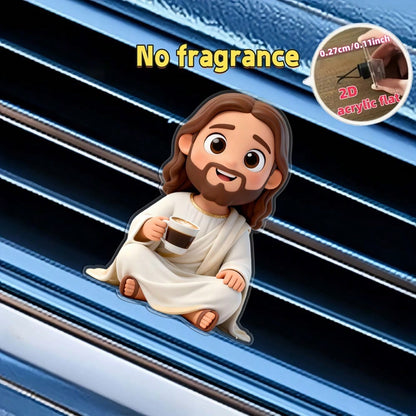 1pc 2D Flat Cartoon Jesus Drinking Coffee Car Air Vent Clip, Fragrance-Free Acrylic Resin Car Interior Decoration, Reusable Fragrance-Free Sponge Pad, DIY Customizable Scented Car Air Vent Accessory