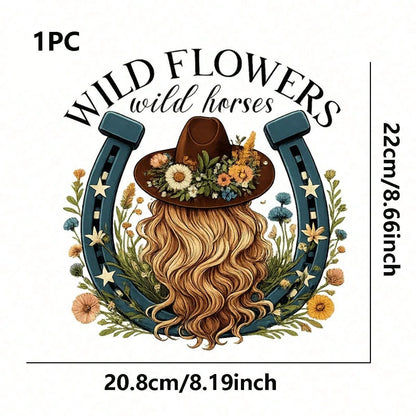 1pc/2pcs/3pcs Western Cowboy Floral Horseshoe Pattern Heat Transfer Stickers DIY Iron-On Patches For T-Shirt Making, Pillow Decoration- Multicolor Durable Washable Plastic Stickers, Suitable For Back