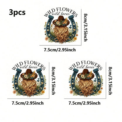 1pc/2pcs/3pcs Western Cowboy Floral Horseshoe Pattern Heat Transfer Stickers DIY Iron-On Patches For T-Shirt Making, Pillow Decoration- Multicolor Durable Washable Plastic Stickers, Suitable For Back