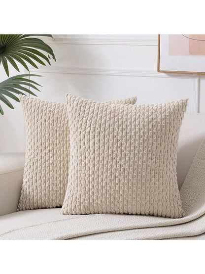 1pc/2pcs Beige Bohemian Striped Throw Pillow Cover (Pillow Insert Not Included), Soft Plush Corduroy Solid Color Decorative Square Pillow Cover, Suitable For Holiday, Sofa, Bedroom, Bed, All Seasons U