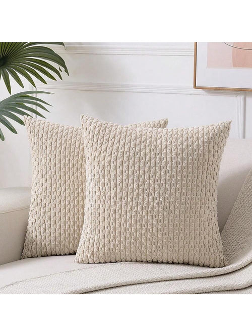 1pc/2pcs Beige Bohemian Striped Throw Pillow Cover (Pillow Insert Not Included), Soft Plush Corduroy Solid Color Decorative Square Pillow Cover, Suitable For Holiday, Sofa, Bedroom, Bed, All Seasons U