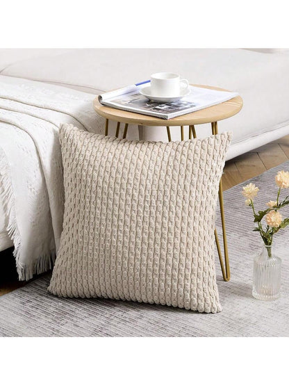 1pc/2pcs Beige Bohemian Striped Throw Pillow Cover (Pillow Insert Not Included), Soft Plush Corduroy Solid Color Decorative Square Pillow Cover, Suitable For Holiday, Sofa, Bedroom, Bed, All Seasons U