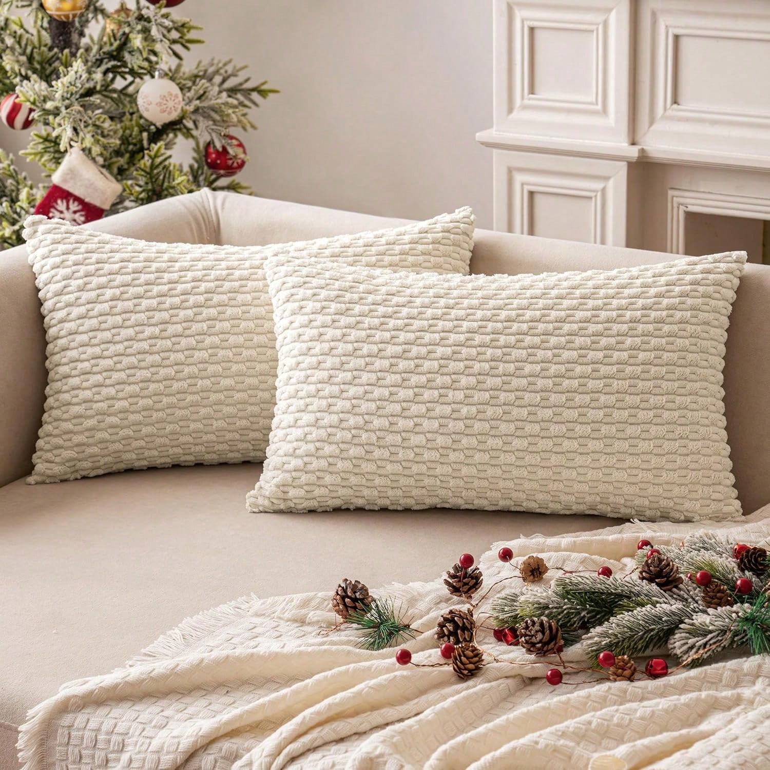 1pc/2pcs Beige Bohemian Striped Throw Pillow Cover (Pillow Insert Not Included), Soft Plush Corduroy Solid Color Decorative Square Pillow Cover, Suitable For Holiday, Sofa, Bedroom, Bed, All Seasons U