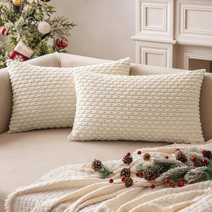 1pc/2pcs Beige Bohemian Striped Throw Pillow Cover (Pillow Insert Not Included), Soft Plush Corduroy Solid Color Decorative Square Pillow Cover, Suitable For Holiday, Sofa, Bedroom, Bed, All Seasons U