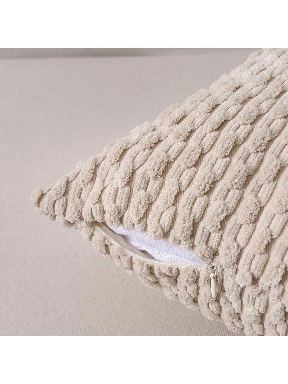 1pc/2pcs Beige Bohemian Striped Throw Pillow Cover (Pillow Insert Not Included), Soft Plush Corduroy Solid Color Decorative Square Pillow Cover, Suitable For Holiday, Sofa, Bedroom, Bed, All Seasons U