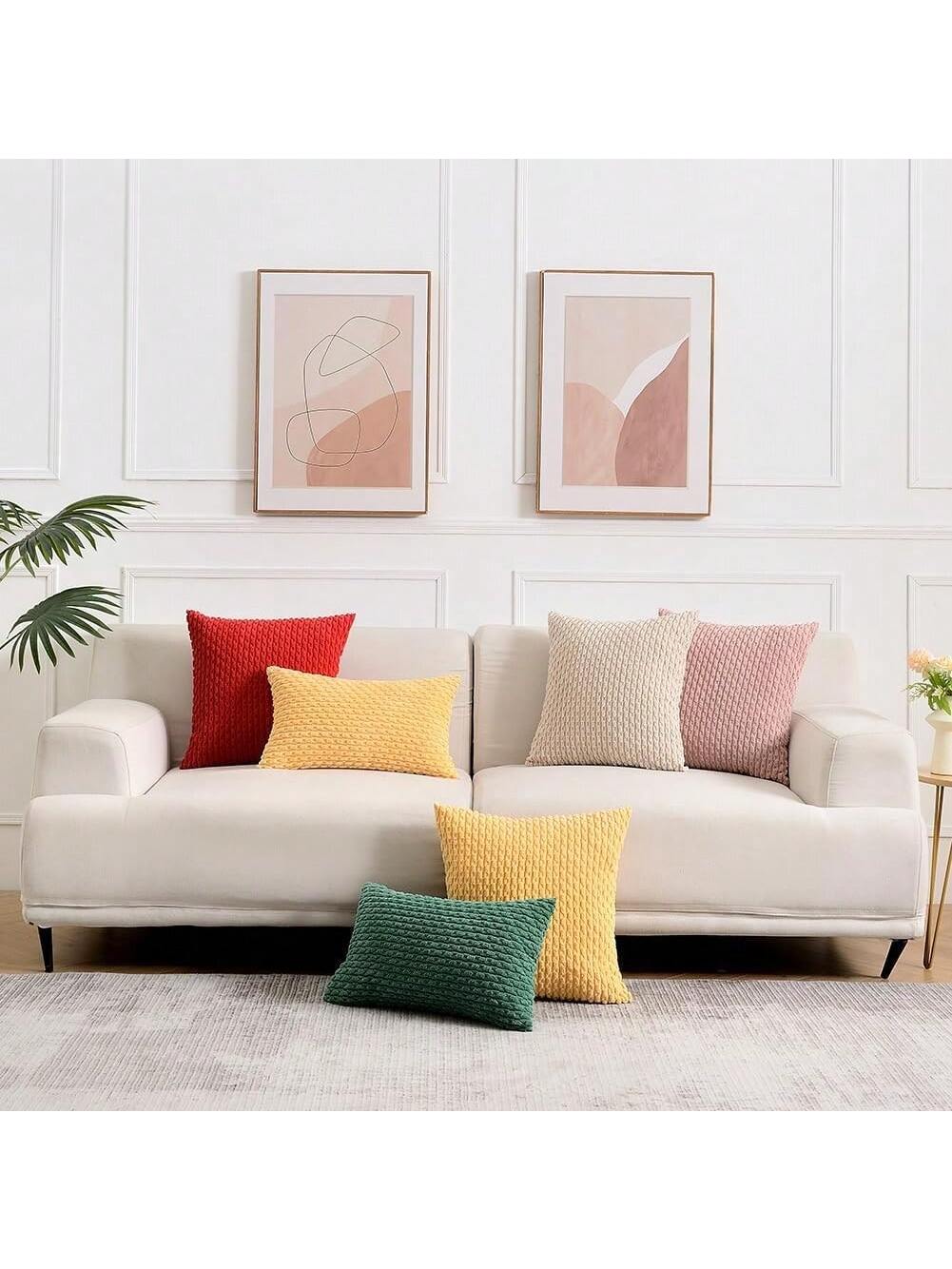 1pc/2pcs Beige Bohemian Striped Throw Pillow Cover (Pillow Insert Not Included), Soft Plush Corduroy Solid Color Decorative Square Pillow Cover, Suitable For Holiday, Sofa, Bedroom, Bed, All Seasons U