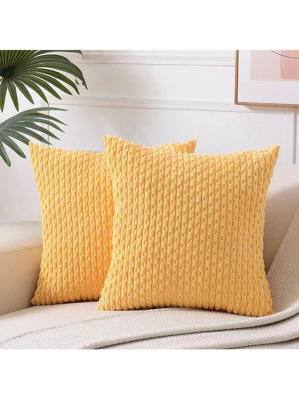 1pc/2pcs Beige Bohemian Striped Throw Pillow Cover (Pillow Insert Not Included), Soft Plush Corduroy Solid Color Decorative Square Pillow Cover, Suitable For Holiday, Sofa, Bedroom, Bed, All Seasons U