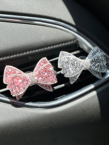 1pc/2pcs Car Air Vent Clip, Rhinestone Bow Decor, Suitable For Car Air Vent