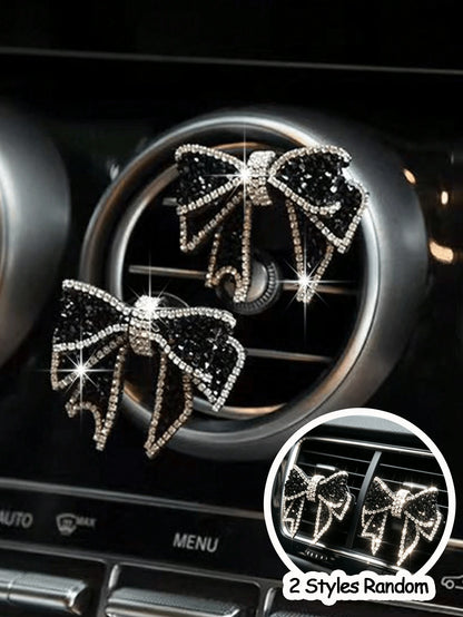 1pc/2pcs Car Air Vent Clip, Rhinestone Bow Decor, Suitable For Car Air Vent