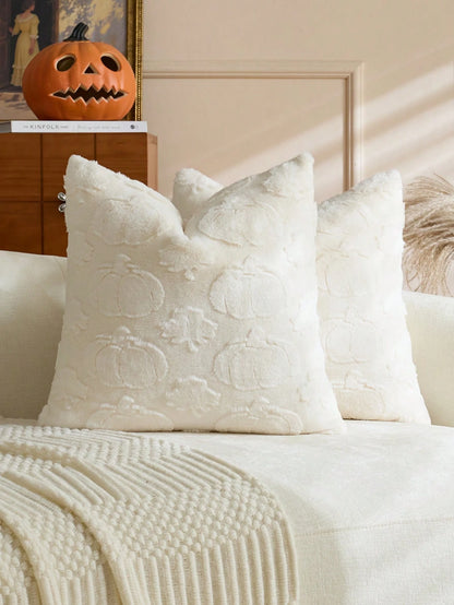 1pc/2pcs Halloween Beige Pumpkin Maple Leaf Decorative Pillow Case, Soft Faux Fur Front, Dutch Velvet Back, Square Cushion Cover, Holiday Home Decor Pillowcase, Soft Comfortable Velvet Fabric, Modern