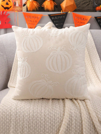 1pc/2pcs Halloween Pumpkin Cat Plush Embroidered Throw Pillow Cover, Autumn Harvest Thanksgiving Cushion Case For Sofa, Living Room, Bedroom, Home Decor, Holiday Gift