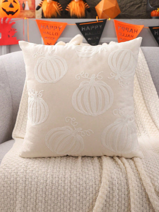 1pc/2pcs Halloween Pumpkin Cat Plush Embroidered Throw Pillow Cover, Autumn Harvest Thanksgiving Cushion Case For Sofa, Living Room, Bedroom, Home Decor, Holiday Gift