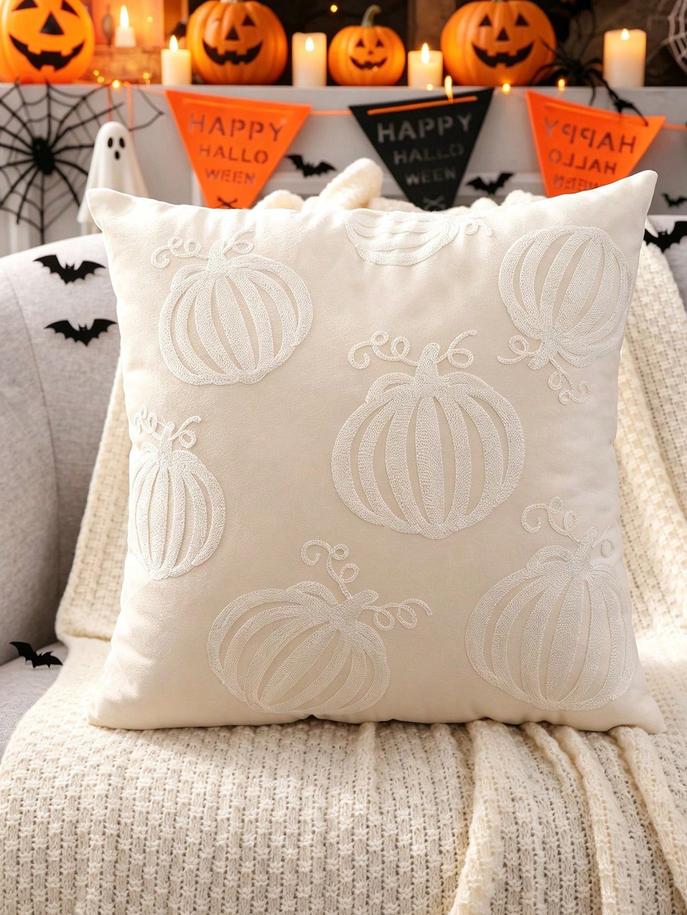 1pc/2pcs Halloween Pumpkin Cat Plush Embroidered Throw Pillow Cover, Autumn Harvest Thanksgiving Cushion Case For Sofa, Living Room, Bedroom, Home Decor, Holiday Gift
