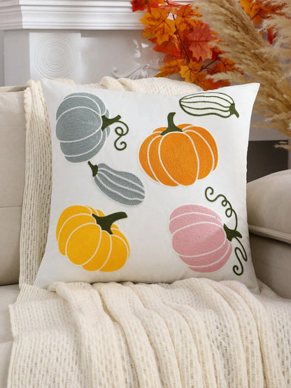 1pc/2pcs Halloween Pumpkin Cat Plush Embroidered Throw Pillow Cover, Autumn Harvest Thanksgiving Cushion Case For Sofa, Living Room, Bedroom, Home Decor, Holiday Gift