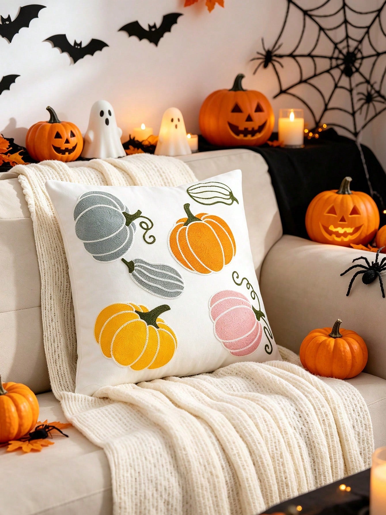 1pc/2pcs Halloween Pumpkin Cat Plush Embroidered Throw Pillow Cover, Autumn Harvest Thanksgiving Cushion Case For Sofa, Living Room, Bedroom, Home Decor, Holiday Gift