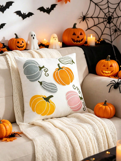 1pc/2pcs Halloween Pumpkin Cat Plush Embroidered Throw Pillow Cover, Autumn Harvest Thanksgiving Cushion Case For Sofa, Living Room, Bedroom, Home Decor, Holiday Gift