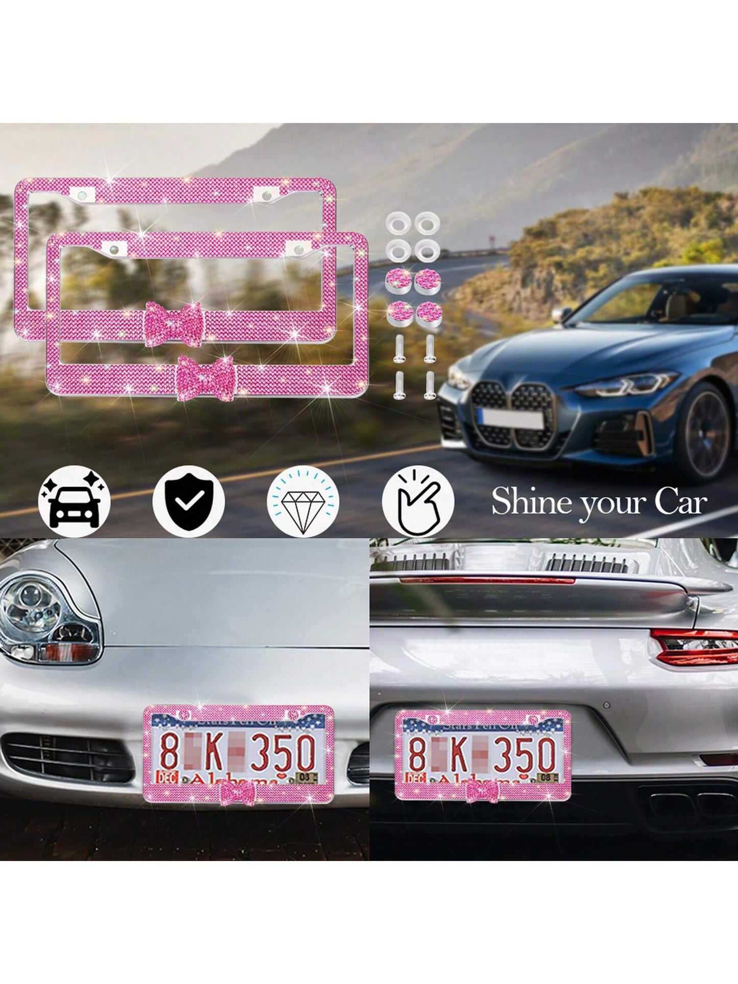 1pc/2pcs Pink License Plate Light Frame, Cute Binding Decoration, Shiny Car License Plate Frame, License Plate Protection, A Must-Have For Holiday Car Gifts!