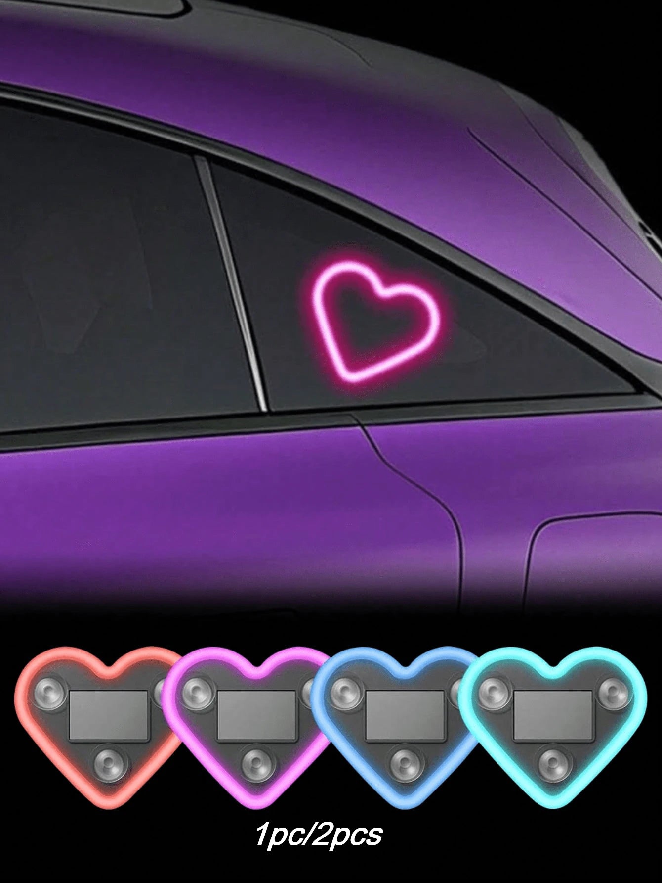 1pc/2pcs Solar Powered Heart Shaped Neon LED Car Rear Window Wireless Ambient Light Decoration, Hot Selling Car LED Window Glowing Heart Ambient Light Solar Interior Neon Light USB Decoration, 3.7V+30