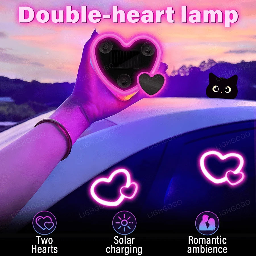 1pc/2pcs Solar Powered Heart Shaped Neon LED Car Rear Window Wireless Ambient Light Decoration, Hot Selling Car LED Window Glowing Heart Ambient Light Solar Interior Neon Light USB Decoration, 3.7V+30