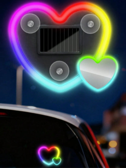 1pc/2pcs Solar Powered Heart Shaped Neon LED Car Rear Window Wireless Ambient Light Decoration, Hot Selling Car LED Window Glowing Heart Ambient Light Solar Interior Neon Light USB Decoration, 3.7V+30