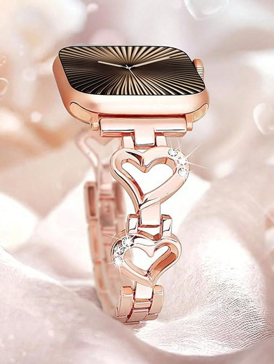 1pc 38mm/40mm/41mm/42mm/44mm/45mm/46mm/49mm Compatible Band, Rose Gold Metal Hollow Heart-Shaped Crystal Jewelry Glitter Bling Smartwatch Strap, Suitable For Women, Gifts For Girlfriend, Wife, Family