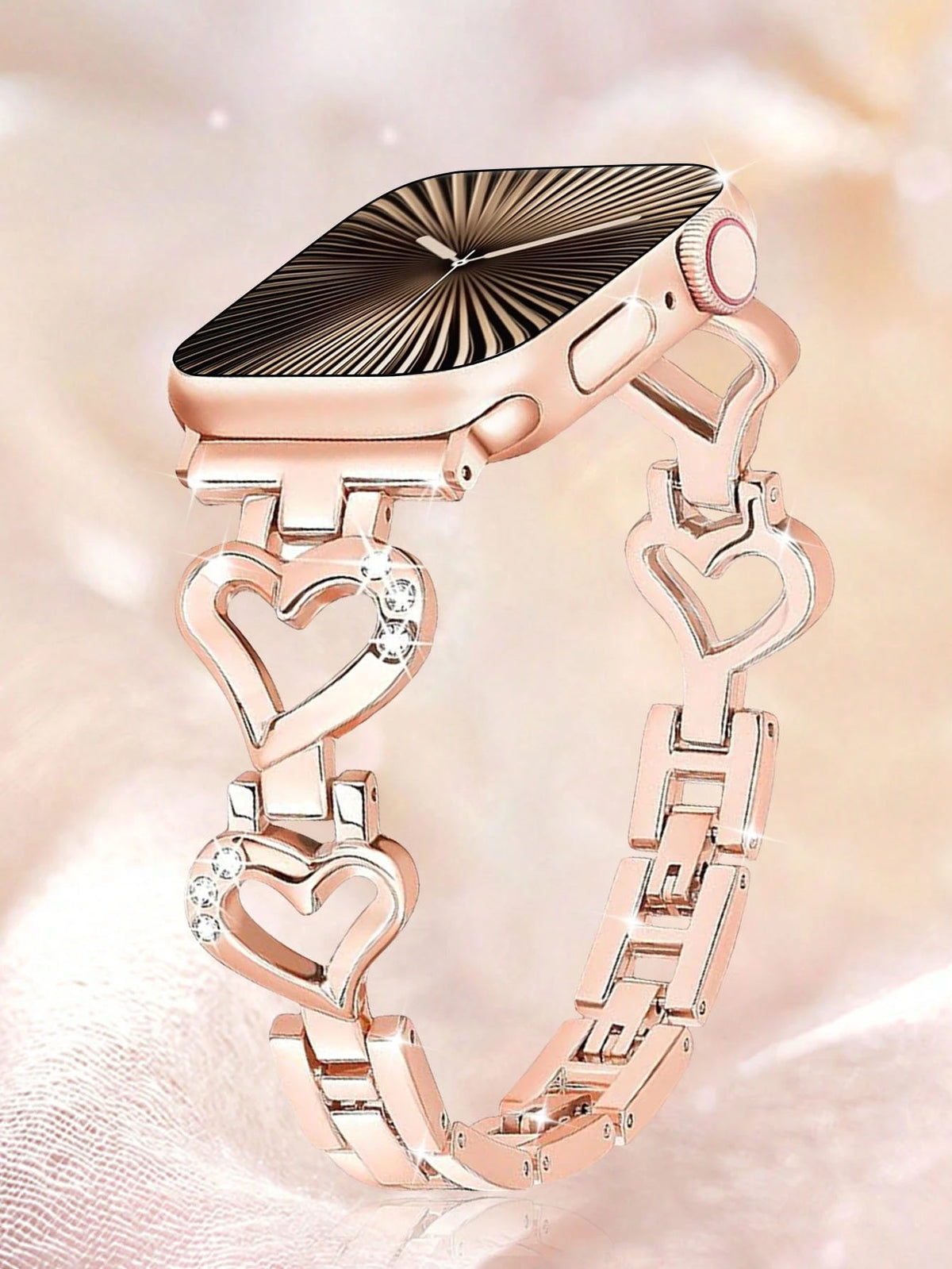 1pc 38mm/40mm/41mm/42mm/44mm/45mm/46mm/49mm Compatible Band, Rose Gold Metal Hollow Heart-Shaped Crystal Jewelry Glitter Bling Smartwatch Strap, Suitable For Women, Gifts For Girlfriend, Wife, Family