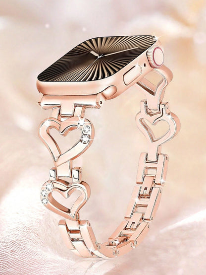 1pc 38mm/40mm/41mm/42mm/44mm/45mm/46mm/49mm Compatible Band, Rose Gold Metal Hollow Heart-Shaped Crystal Jewelry Glitter Bling Smartwatch Strap, Suitable For Women, Gifts For Girlfriend, Wife, Family