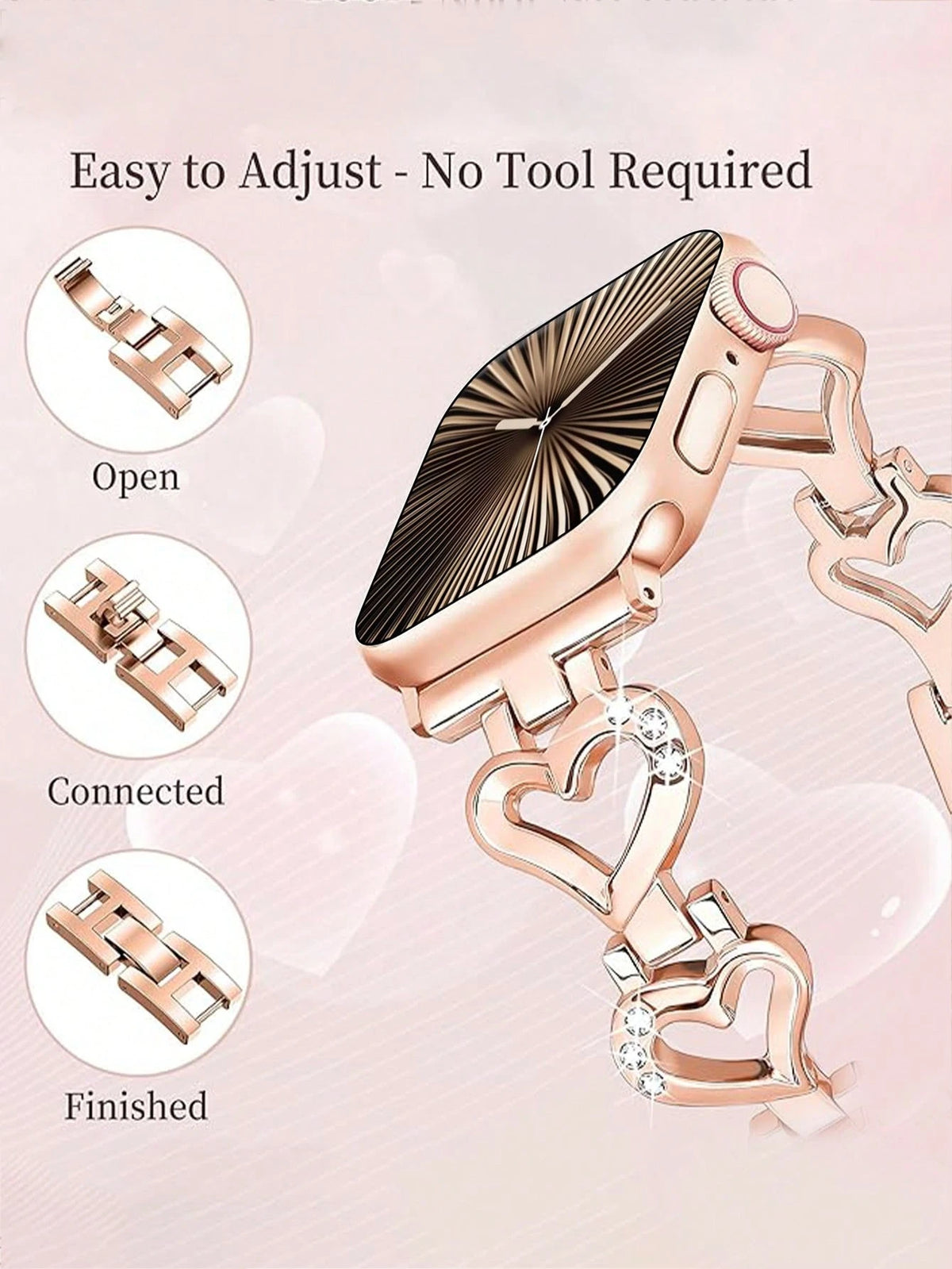 1pc 38mm/40mm/41mm/42mm/44mm/45mm/46mm/49mm Compatible Band, Rose Gold Metal Hollow Heart-Shaped Crystal Jewelry Glitter Bling Smartwatch Strap, Suitable For Women, Gifts For Girlfriend, Wife, Family