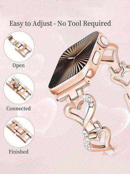 1pc 38mm/40mm/41mm/42mm/44mm/45mm/46mm/49mm Compatible Band, Rose Gold Metal Hollow Heart-Shaped Crystal Jewelry Glitter Bling Smartwatch Strap, Suitable For Women, Gifts For Girlfriend, Wife, Family
