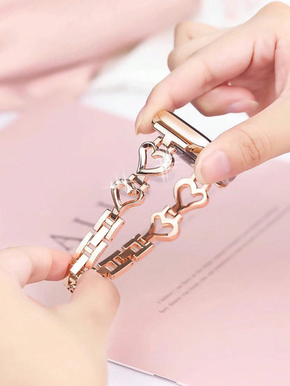 1pc 38mm/40mm/41mm/42mm/44mm/45mm/46mm/49mm Compatible Band, Rose Gold Metal Hollow Heart-Shaped Crystal Jewelry Glitter Bling Smartwatch Strap, Suitable For Women, Gifts For Girlfriend, Wife, Family