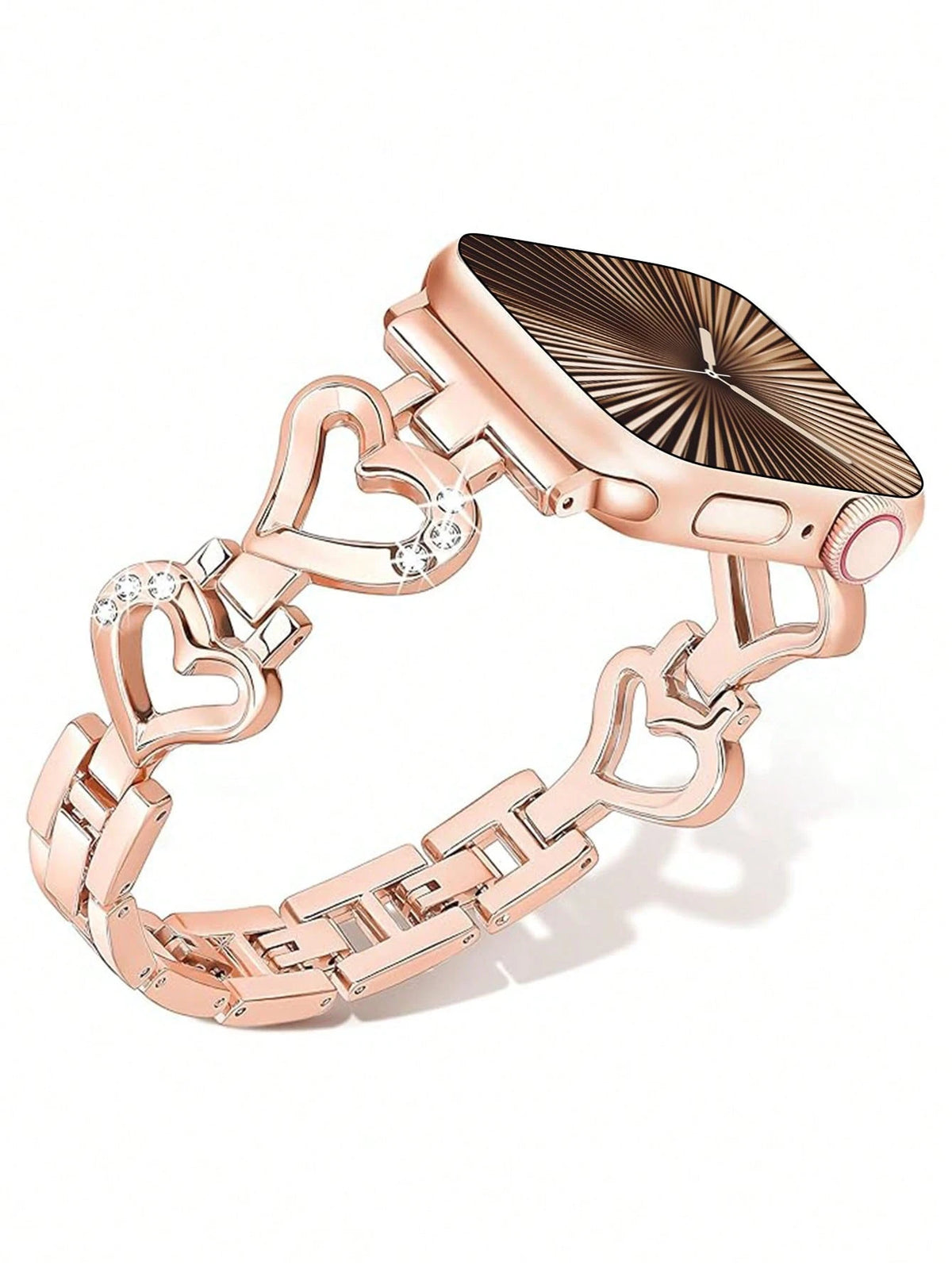 1pc 38mm/40mm/41mm/42mm/44mm/45mm/46mm/49mm Compatible Band, Rose Gold Metal Hollow Heart-Shaped Crystal Jewelry Glitter Bling Smartwatch Strap, Suitable For Women, Gifts For Girlfriend, Wife, Family