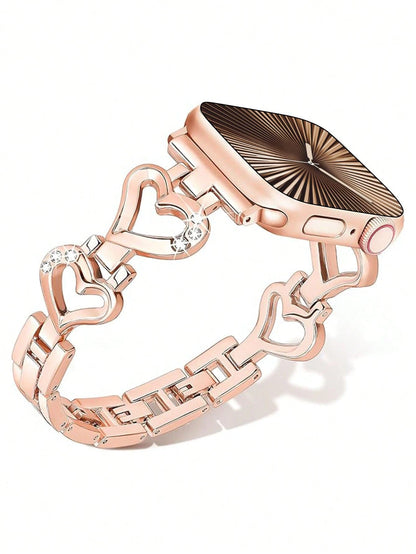 1pc 38mm/40mm/41mm/42mm/44mm/45mm/46mm/49mm Compatible Band, Rose Gold Metal Hollow Heart-Shaped Crystal Jewelry Glitter Bling Smartwatch Strap, Suitable For Women, Gifts For Girlfriend, Wife, Family