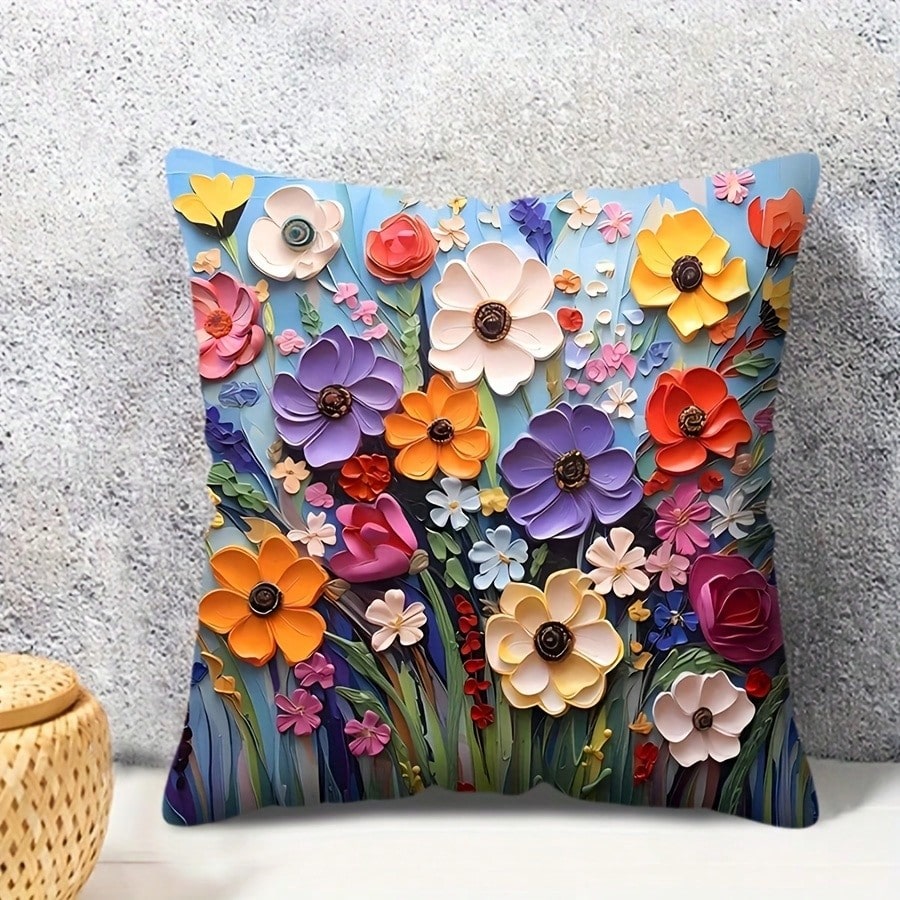 1pc 3D Floral Art Throw Pillow Cover, Oil Painting Style, Suitable For Home, Office, Living Room, Balcony Decor, Zipper Closure, Machine Washable, Size 45.72*45.72cm