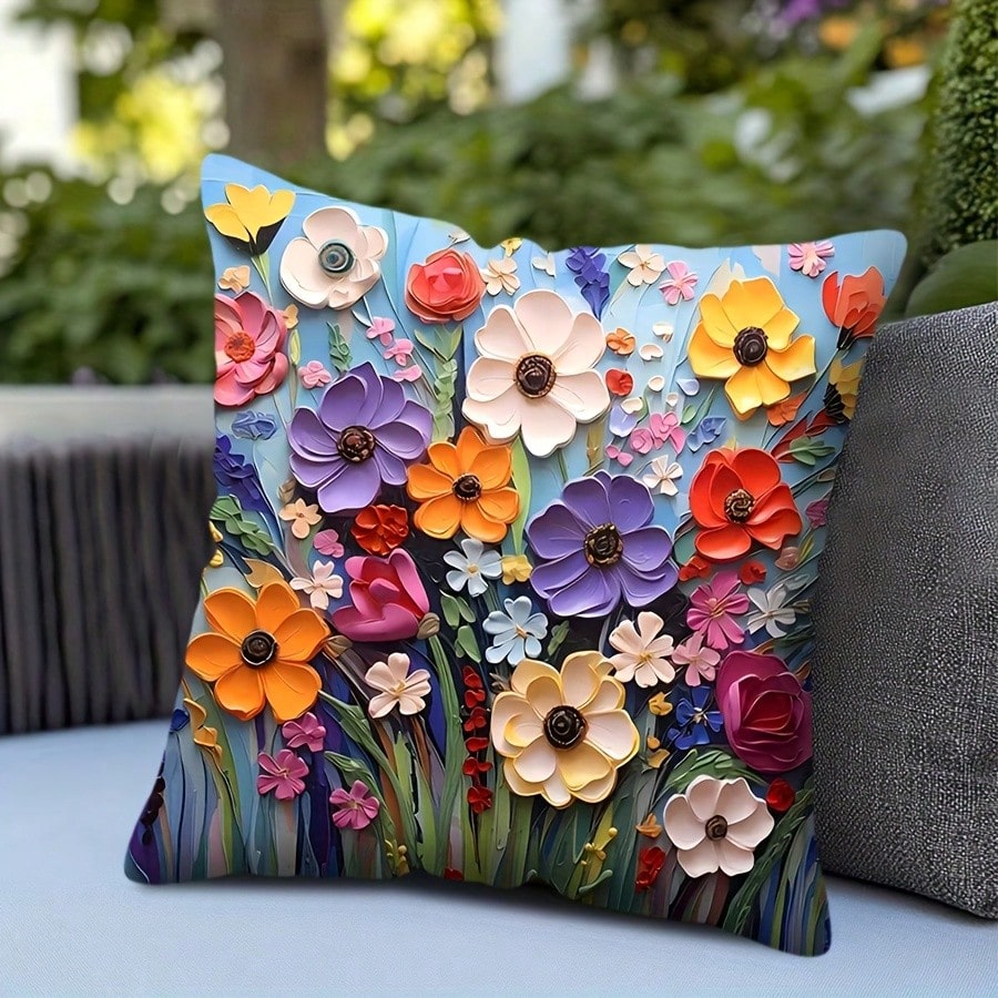 1pc 3D Floral Art Throw Pillow Cover, Oil Painting Style, Suitable For Home, Office, Living Room, Balcony Decor, Zipper Closure, Machine Washable, Size 45.72*45.72cm