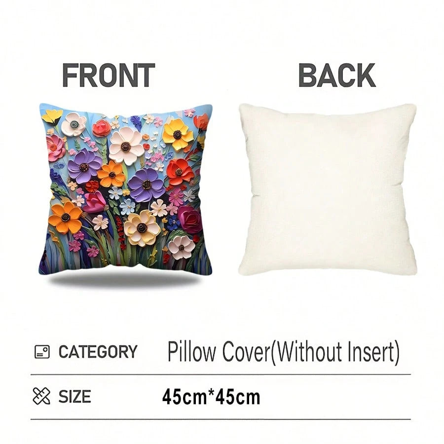 1pc 3D Floral Art Throw Pillow Cover, Oil Painting Style, Suitable For Home, Office, Living Room, Balcony Decor, Zipper Closure, Machine Washable, Size 45.72*45.72cm