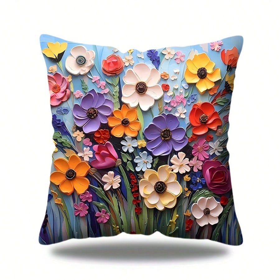 1pc 3D Floral Art Throw Pillow Cover, Oil Painting Style, Suitable For Home, Office, Living Room, Balcony Decor, Zipper Closure, Machine Washable, Size 45.72*45.72cm