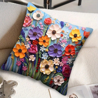 1pc 3D Floral Art Throw Pillow Cover, Oil Painting Style, Suitable For Home, Office, Living Room, Balcony Decor, Zipper Closure, Machine Washable, Size 45.72*45.72cm
