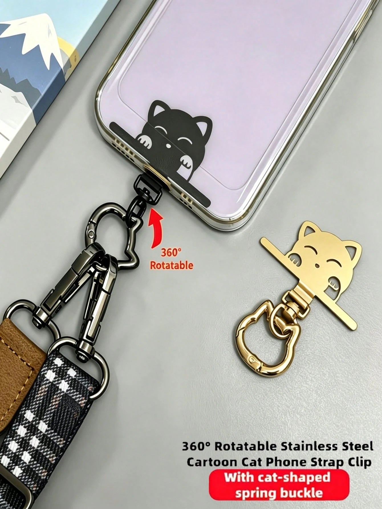 1pc/3pcs 2-In-1 Stainless Steel Phone Lanyard Clip 360° Rotating No-Tangle + Cute Cat Head Spring Ring, Durable Metal Connector, Card, Washer, Phone Accessory Connector, Fixed Hook, Fixed Bracket, Com