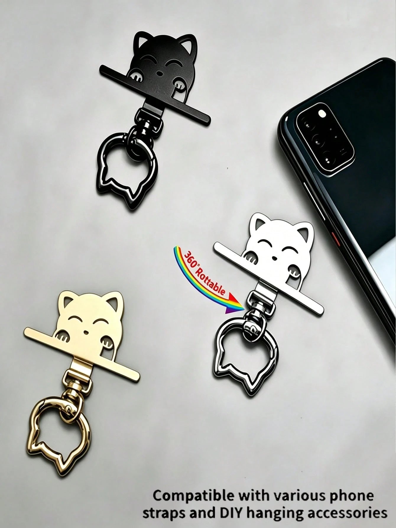 1pc/3pcs 2-In-1 Stainless Steel Phone Lanyard Clip 360° Rotating No-Tangle + Cute Cat Head Spring Ring, Durable Metal Connector, Card, Washer, Phone Accessory Connector, Fixed Hook, Fixed Bracket, Com