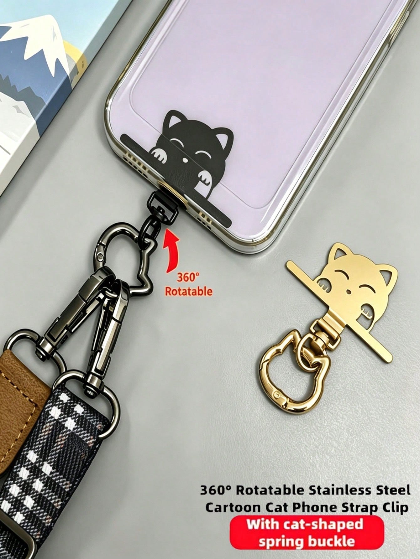 1pc/3pcs 2-In-1 Stainless Steel Phone Lanyard Clip 360° Rotating No-Tangle + Cute Cat Head Spring Ring, Durable Metal Connector, Card, Washer, Phone Accessory Connector, Fixed Hook, Fixed Bracket, Com