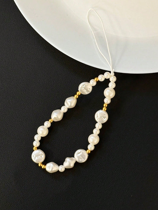 1pc Asymmetric Pearl Decorated With Golden Beads Vintage Elegant Minimalist Pearl Bracelet/Earphone Chain, Cute & Sweet Compatible With Android And Most Smartphone, Gifts For Mother, Family, Friends