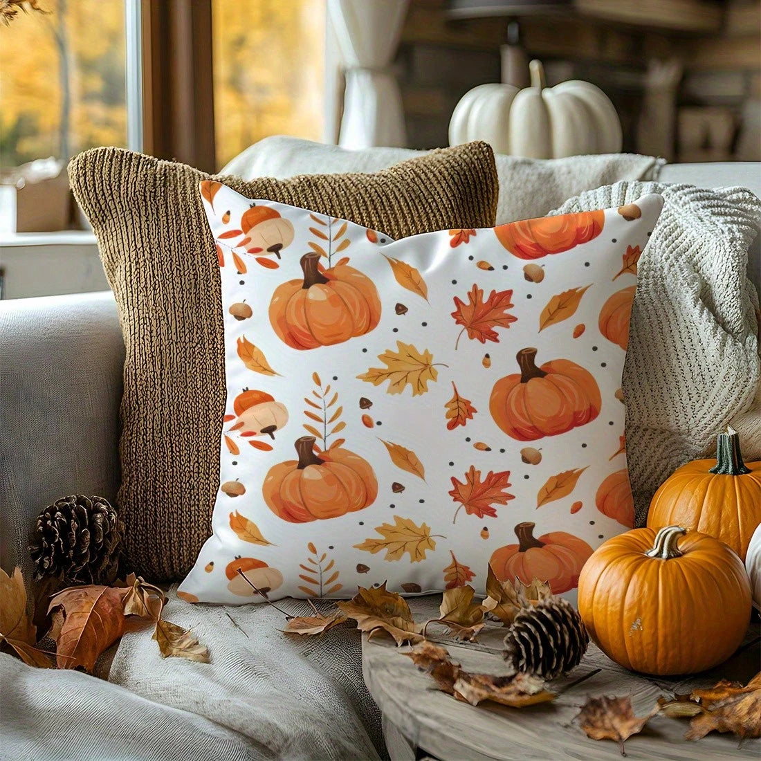 1pc Autumn Pumpkin, Leaves, And Pinecone Print Pillowcase, Cozy Home Decorative Pillow Cover For Living Room, Bedroom, And Sofa Cushions Single Side Without Pillow Core